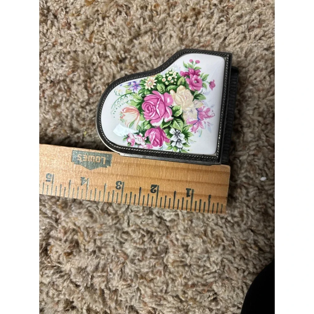 Vintage Grand Piano Music Box Jewelry Trinket Case Floral Porcelain Inlay Silver